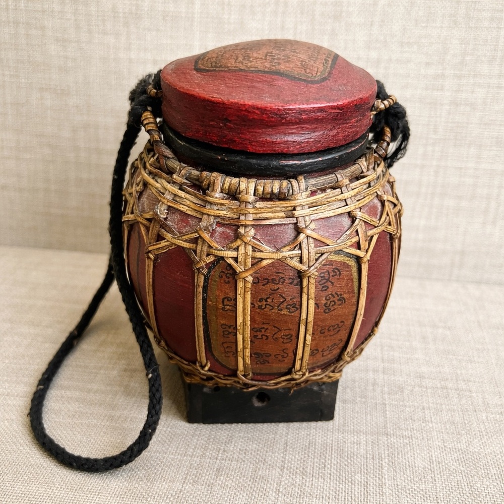 Vintage Thai Artisan Handmade Lacquered Bamboo Tea Rice Jar Storage Box #1220259